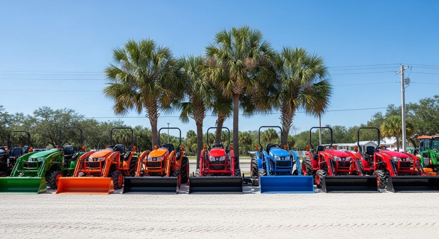 Clean Florida tractor dealer lot with a row of unbranded tractors