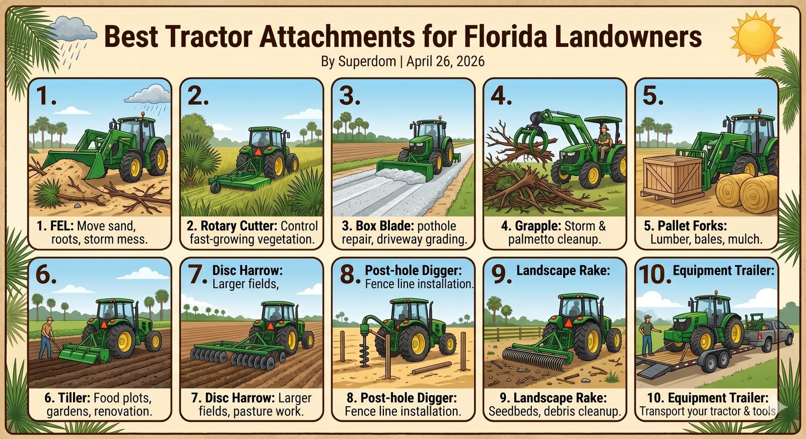 Common tractor attachments for Florida landowners
