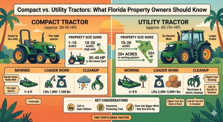 Compact and utility tractors side by side on a Florida property