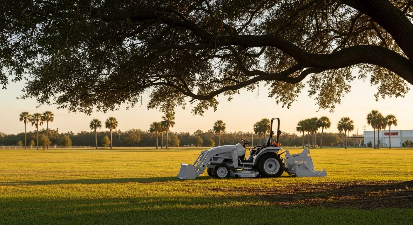 Quiet Florida pasture scene with a small tractor in the distance