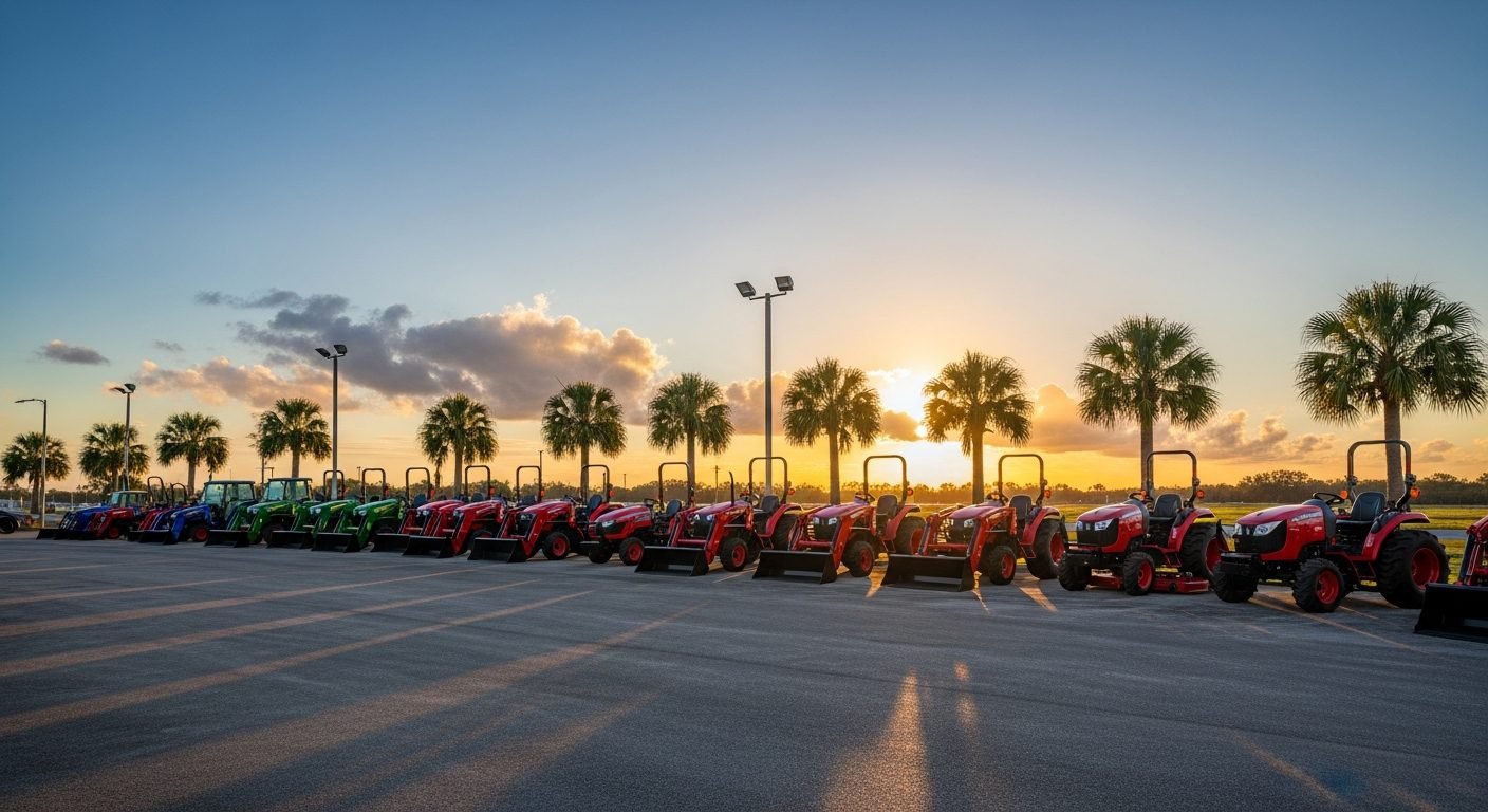 Generic Florida tractor dealer lot at golden hour