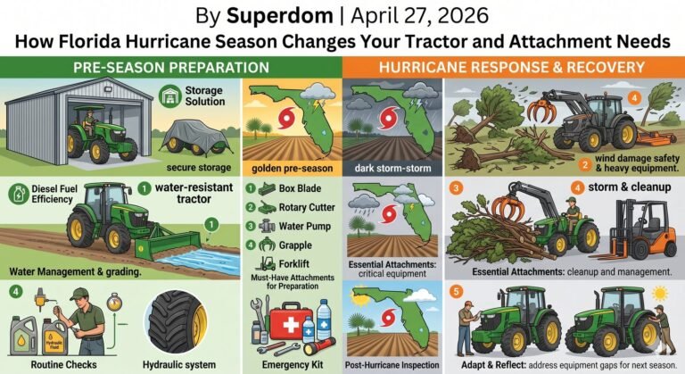 Tractor and grapple clearing storm debris on a Florida property