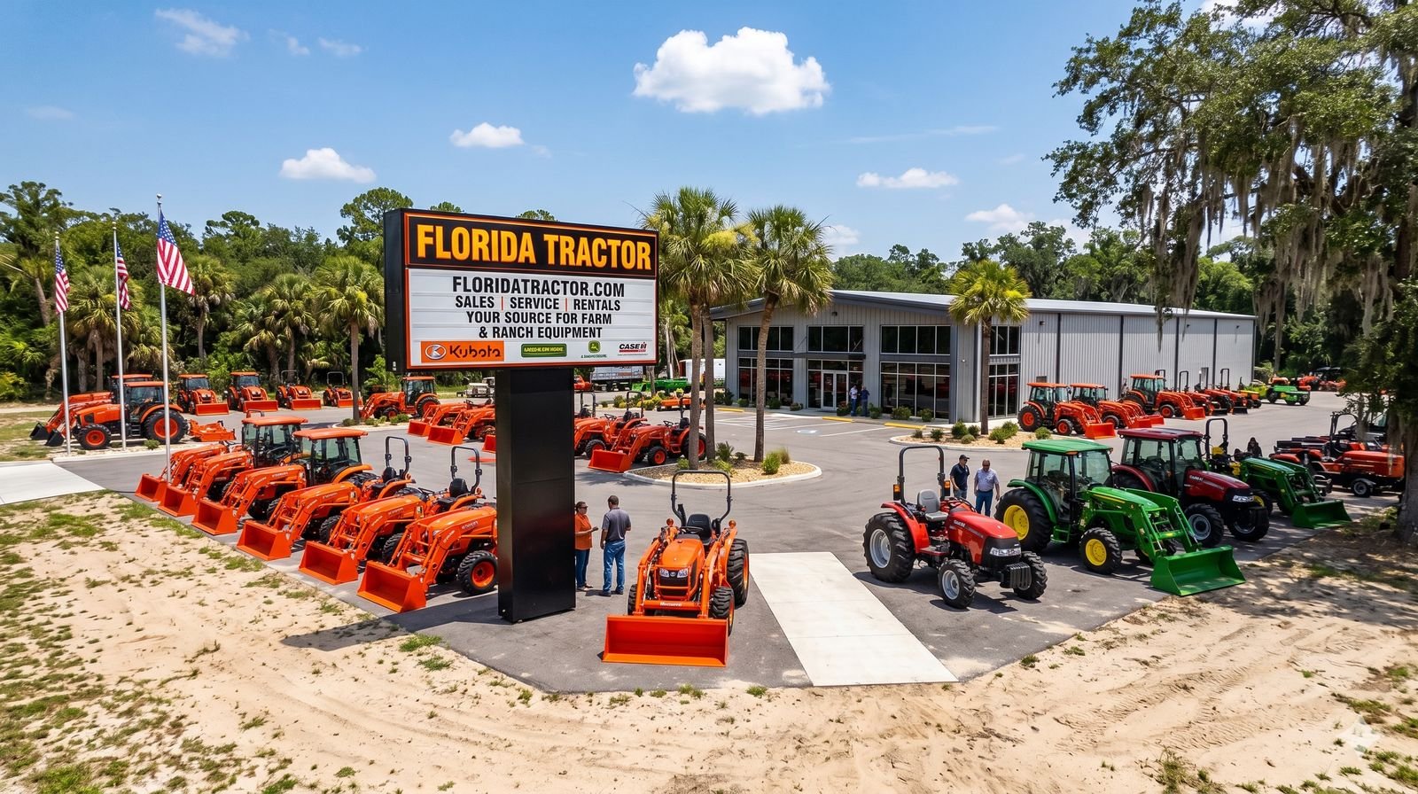 Mixed inventory of compact, utility, and farm tractors at a Florida tractor dealer