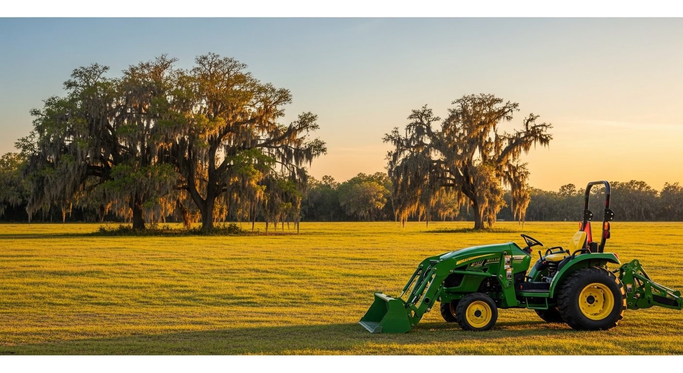 Florida acreage with a green compact tractor at golden hour