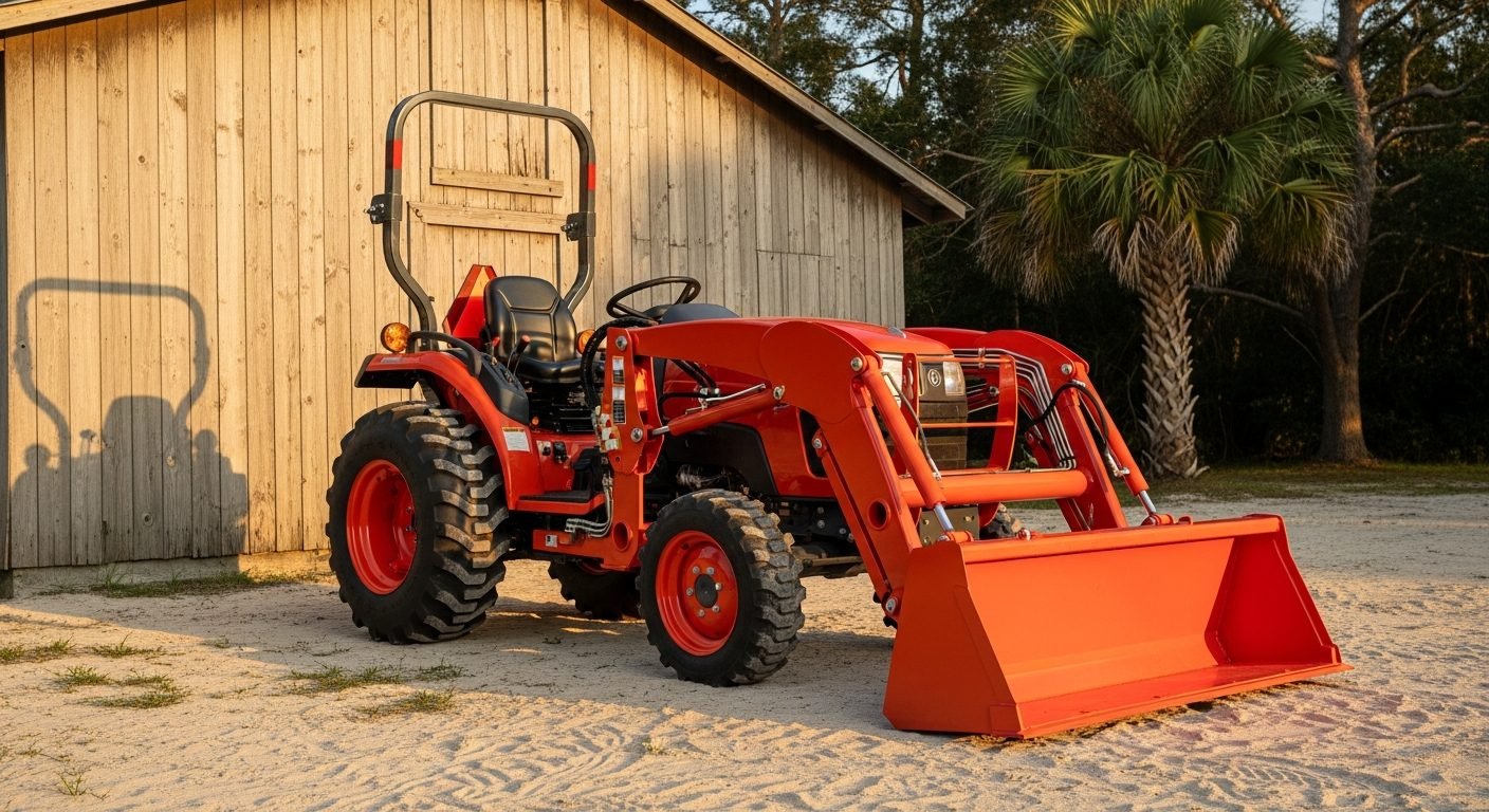Clean orange compact tractor parked in front of a Florida cypress barn