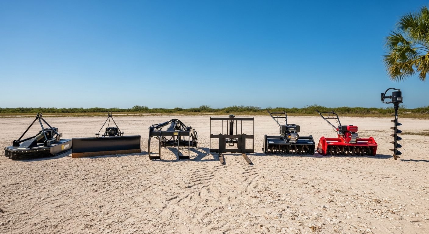 Tractor Attachments in Florida 1 Common tractor attachments arrayed on a Florida property