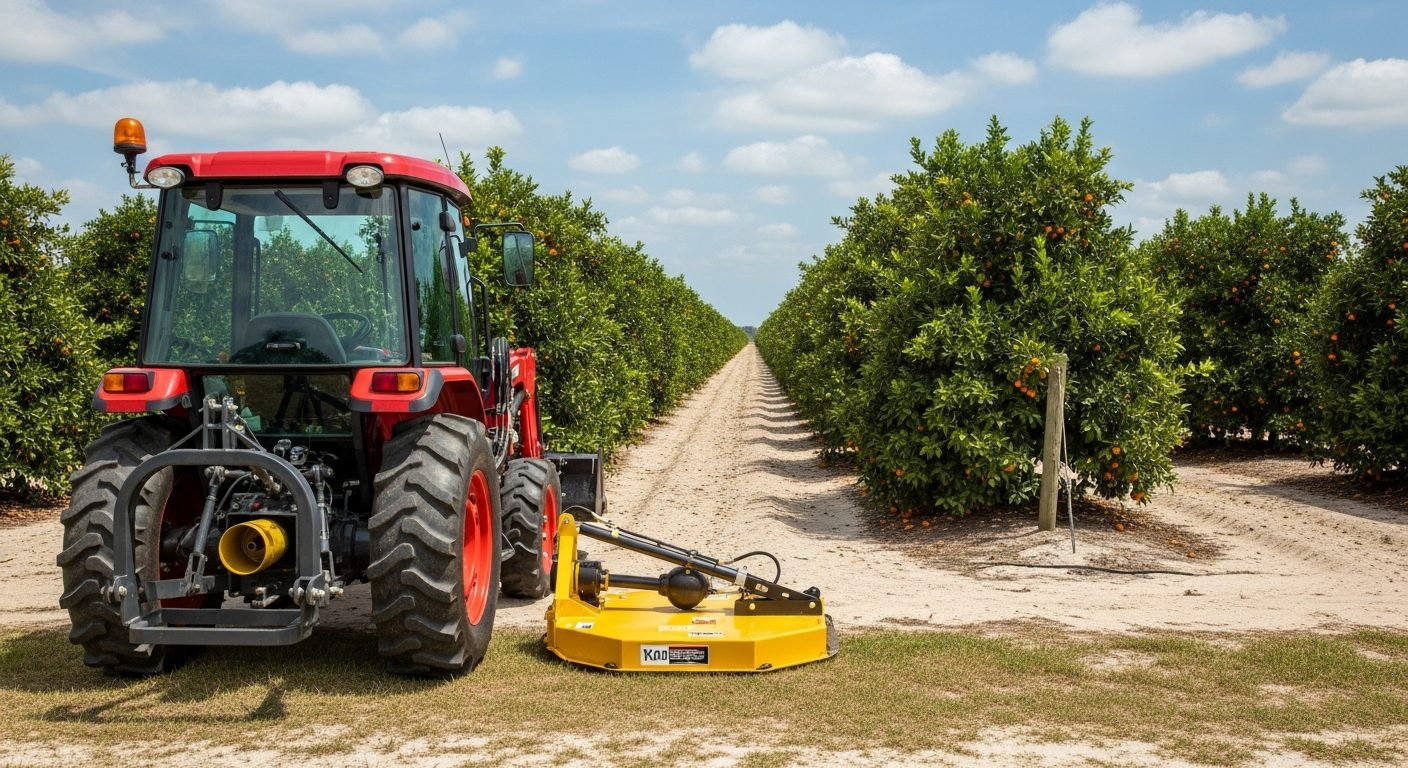 Tractor with attachments at the edge of a Polk County citrus grove