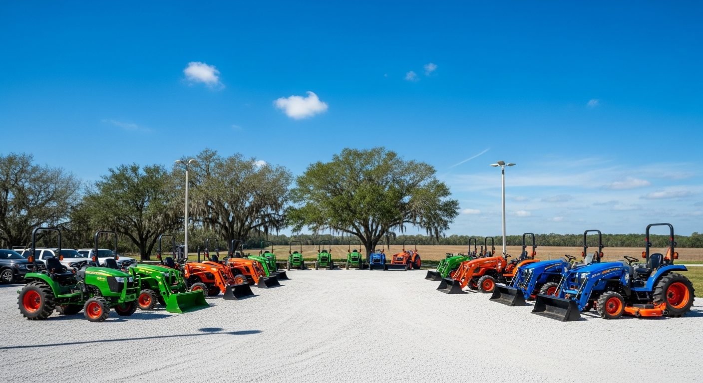 Tractor dealer lot near Gainesville FL with North Florida farmland