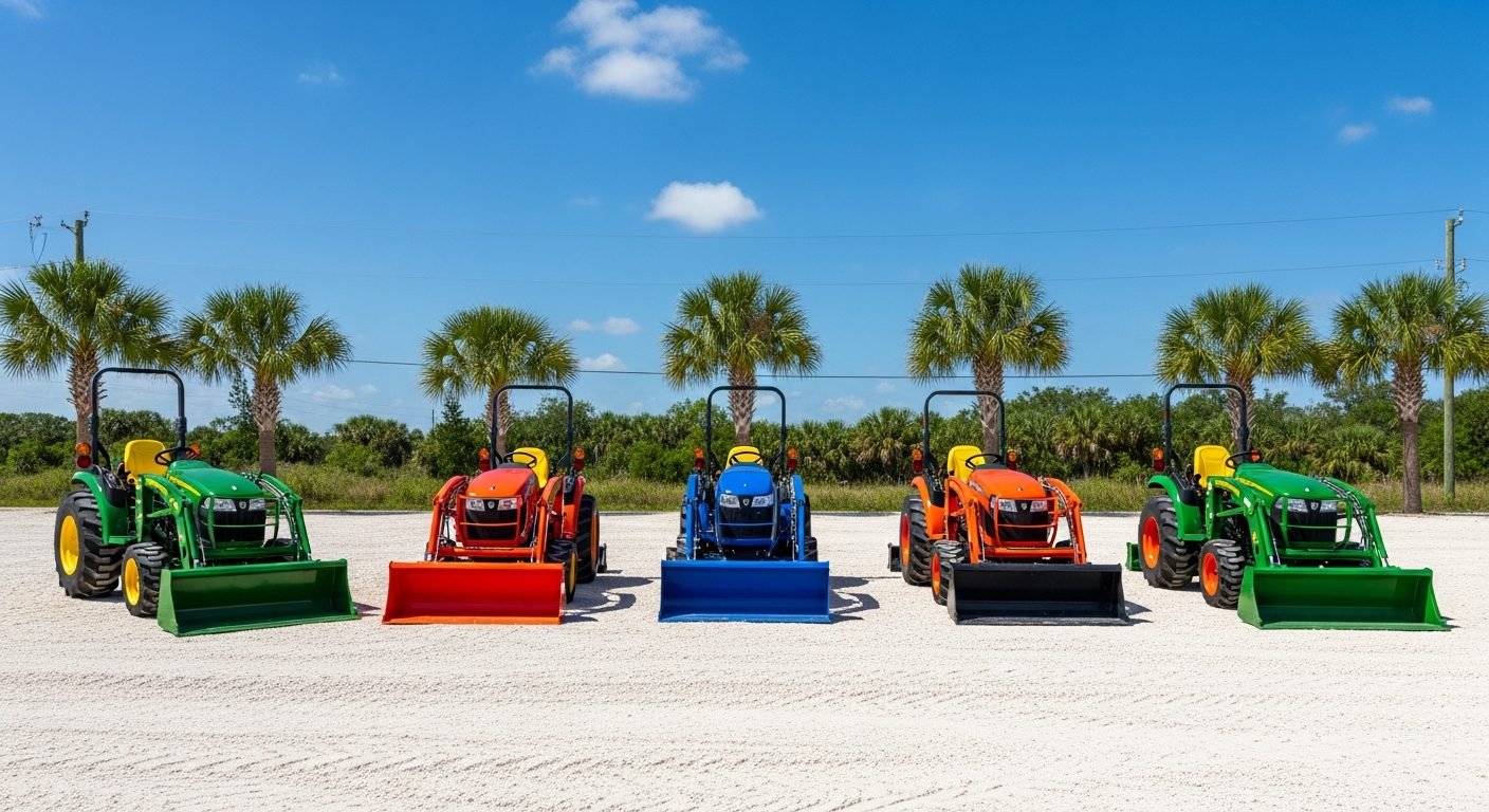 Row of compact and utility tractors at a Florida rental yard