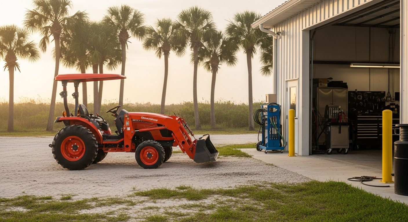 Tractor service lift area near Naples FL with humid coastal vibe