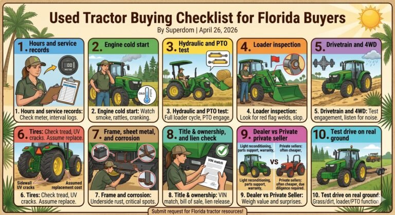 Used tractor inspection in Florida — checking hours and condition