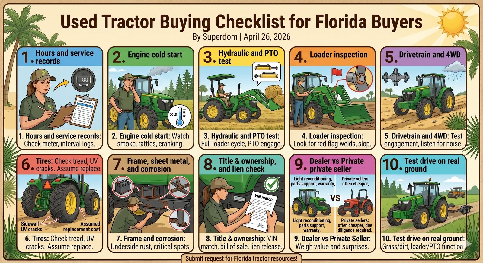 Used tractor inspection in Florida — checking hours and condition