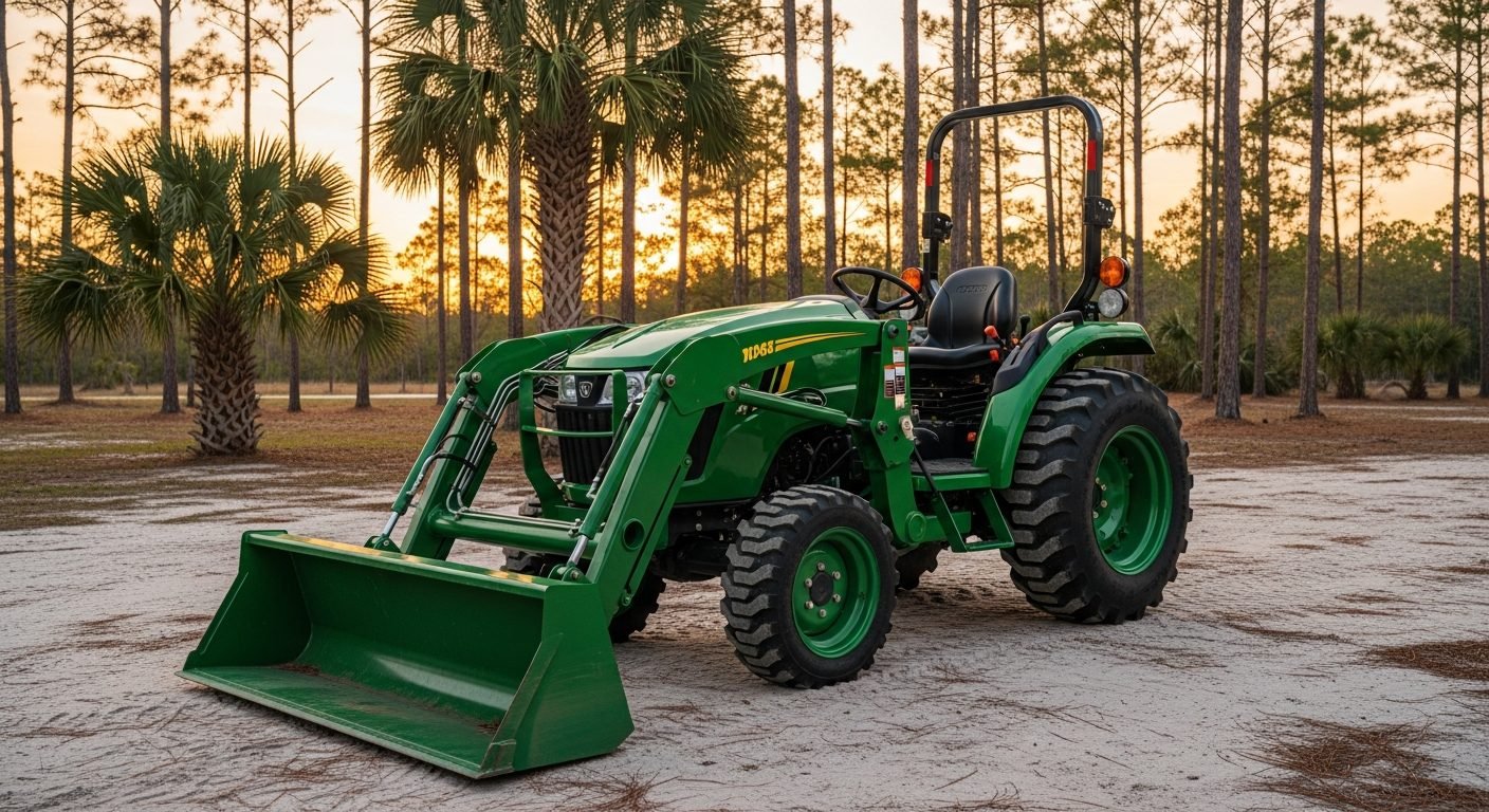 Clean, well-maintained pre-owned compact tractor on a Florida property