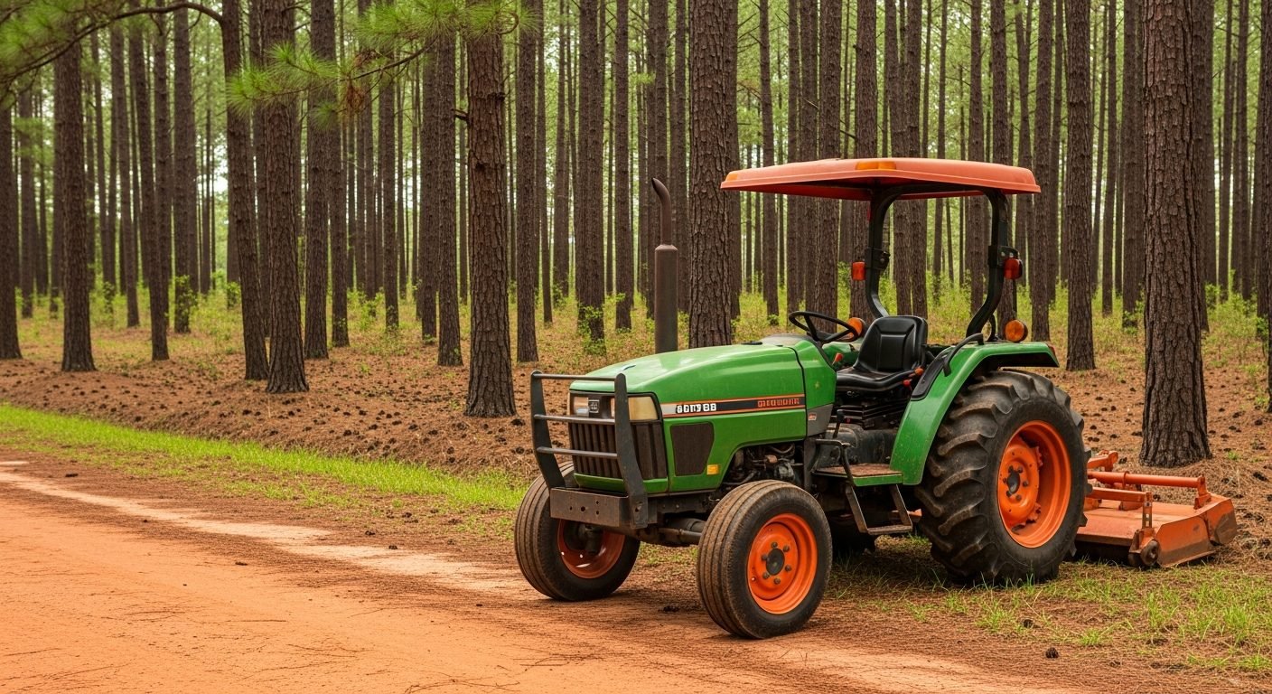 Pre-owned tractor on a Panhandle pine farm
