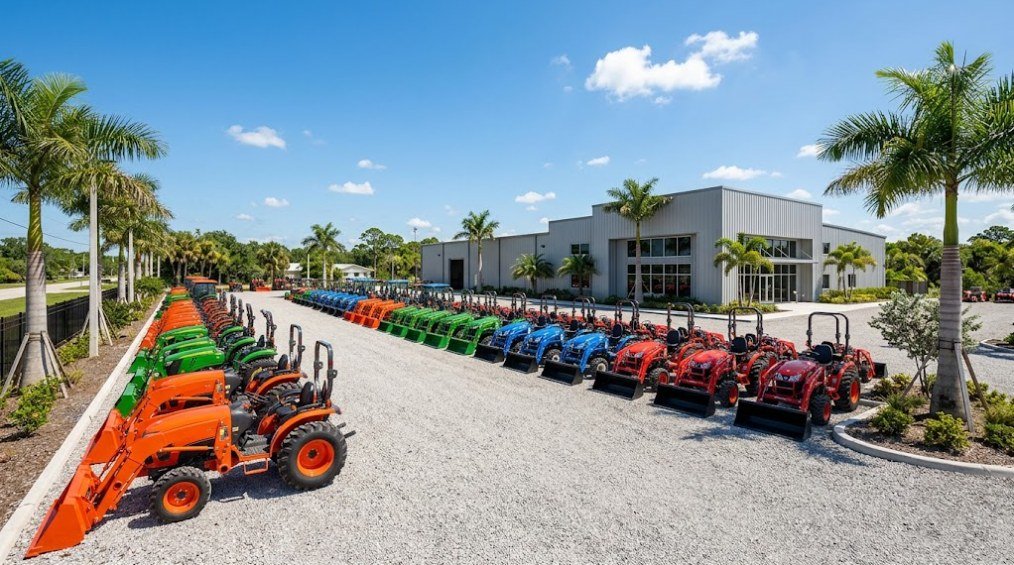 Florida Dealer & Rental Directory 1 Rows of new compact tractors lined up at a Florida tractor dealership with palm trees