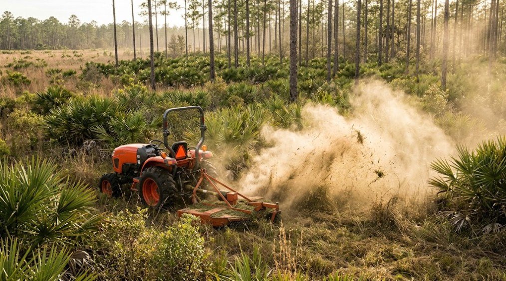 Best Tractor for Sandy Soil in Florida: What Works and What to Avoid 2 Compact tractor with rotary cutter bush hogging saw palmetto in Florida pine flatwoods